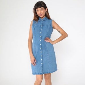 90s Denim Mini Dress Button Up Jean Dress Sheath Collared Dress Vintage High Waist Sleeveless Blue MiniDress Plain 1990s Medium 10 Petite