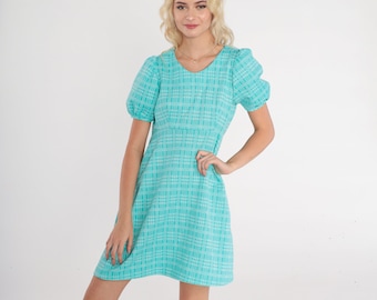 Checkered Babydoll Dress 60s Mod Mini Dress Blue Plaid Puff Sleeve Minidress Empire Waist Retro Girly Sixties Day Party Vintage 1960s Small