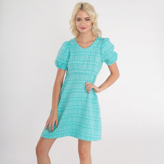 Checkered Babydoll Dress 60s Mod Mini Dress Blue Plaid Puff Sleeve Minidress Empire Waist Retro Girly Sixties Day Party Vintage 1960s Small