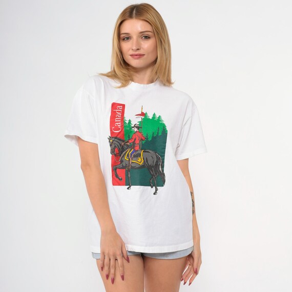 Vintage Canada RCMP T-Shirt 90s Mountie Graphic Tee Horseback Rider White Souvenir Tourist Shirt 1990s Forest Design Medium M