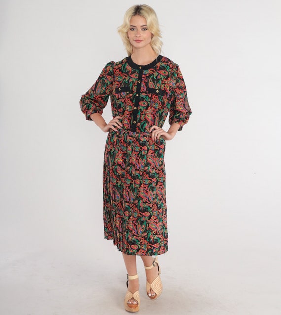 Black Paisley Dress 80s Midi Dress Puff Sleeve High Waisted Button up Shirtwaist Dress Pleated Secretary Dress Print Vintage 1980s Medium M