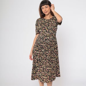 Vintage Floral Dress 80s 90s Black Wildflower Blouson Secretary Dress Puff Sleeve Midi Button Up Henley Slouchy Smocked Elastic Waist Small
