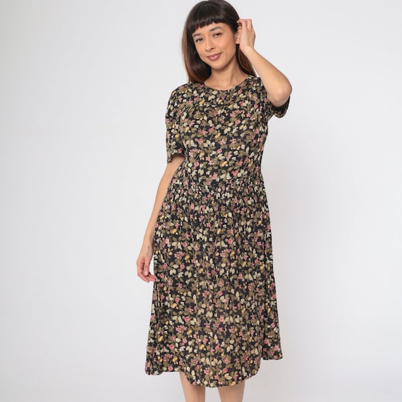 Vintage Floral Dress 80s 90s Black Wildflower Blouson Secretary Dress Puff Sleeve Midi Button Up Henley Slouchy Smocked Elastic Waist Small