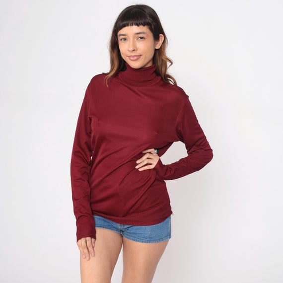 70s Burgundy Turtleneck Long Sleeve Ribbed Unisex Vintage Top Dark Red Maroon Wine Casual Pullover Mock Neck Preppy  Knit Extra Large XL
