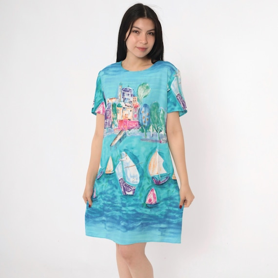 Vintage 90s Blue Nautical Dress Boat Graphic Scenic Print Shift Mini Watercolor Sailboat Art 1990s Summer Travel Short Sleeve Medium 8