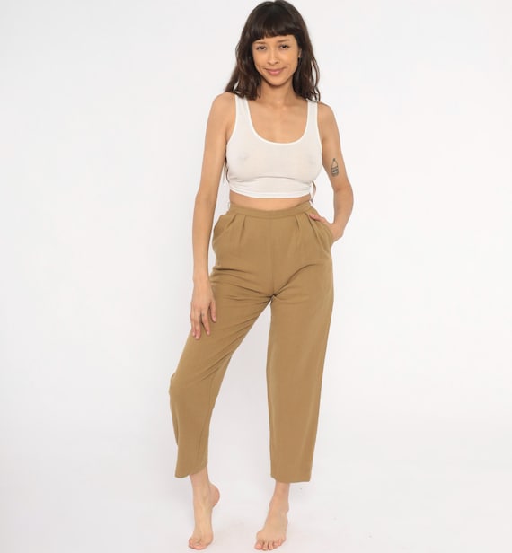 80s Pleated Trousers Tan High Waisted Pants Tapered Leg Camel Brown Cropped Ankle Length Wool Blend Vintage Slacks Women Extra Small XS