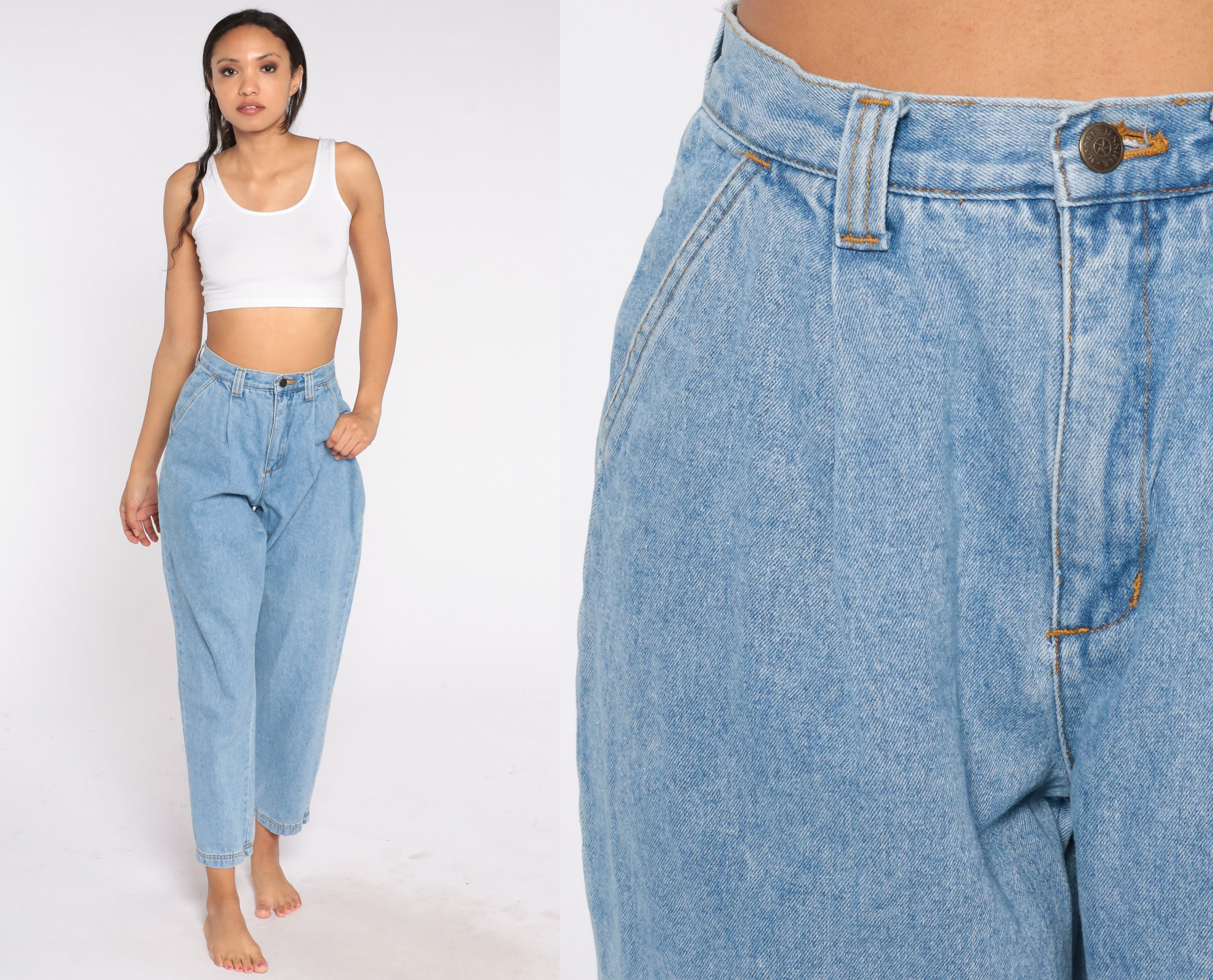 80s Mom Jeans High Waisted Pleated Jeans Retro Tapered Leg Blue Denim ...