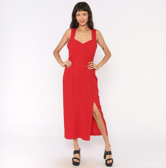 90s Red Midi Dress Sweetheart Neckline Crossback Open Back Front Slit Cherry Fitted Cocktail Party Evening Summer Vintage Medium Large ML