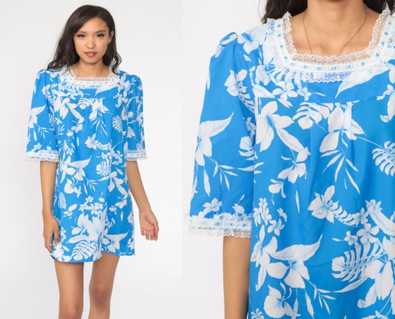 Hawaiian Mini Dress 70s Blue Floral Dress Lace Puf