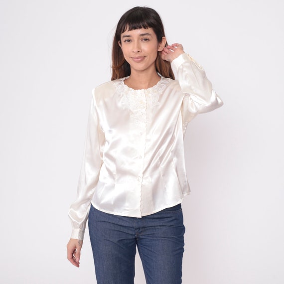 White Embroidered Satin Top 80s Beaded Sequin Floral Blouse Party Feminine Button Up Shirt Long Sleeve Romantic Top Vintage 1980s Medium