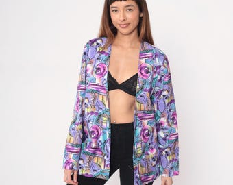 Purple Psychedelic Blazer 90s Pink Blue Graphic Print Open Front Abstract Geometric Pattern Multi Color Rainbow Vintage Jacket Medium M
