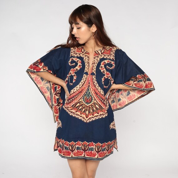 Dashiki Top 90s Navy Blue Tunic Top Bell Sleeve Blouse Hippie Shirt Summer Festival Cotton African Red Floral Mini Dress Vintage 1990s Small