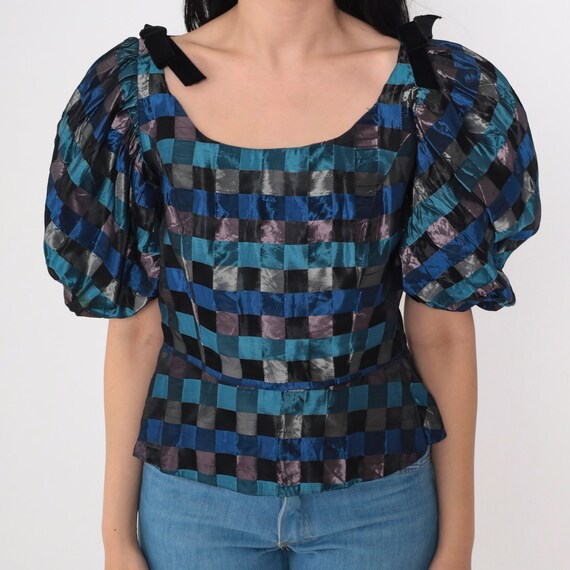 60s Blouse Puff Sleeve Shirt Checkered Peplum Top Ribbon Bow Shiny Blue Black Grey Formal Party Vintage 1960s Charles Glueck Extra Small xs