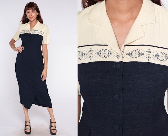 90s Color Block Dress Two Tone Cream Navy Short Sleeve Collar Vintage Academic Professional Office Preppy Classic Dressy Elegant Small S
