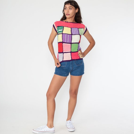 70s Patchwork Shirt Knit Top Rainbow Boho Short Sleeve Sweater Top Pink Purple Sweater Retro Tee Vintage 1970s Extra Small xs