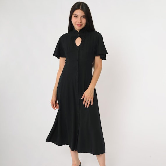 Gothic Keyhole Dress 90s Black Midi Dress Collar Button Front Lace Up Back Grunge Alternative Witchy Goth Betsy Lauren Small S