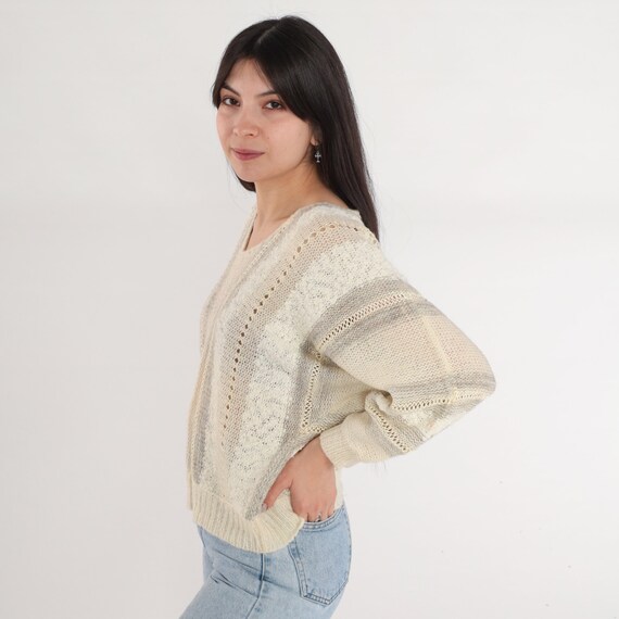 Open Weave Sweater 80s Cream Striped Knit Dolman … - image 4