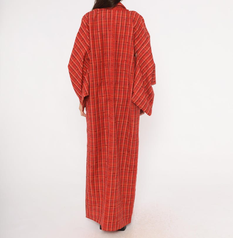 Red Plaid Robe Red Plaid Kimono 70s Wool Blend Floor Length Robe Open Front Scarlet ...