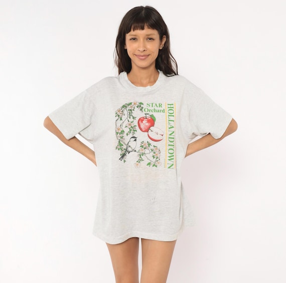 Star Orchard Hollandtown Apple Blossom Bird Graphic Tee 90s Grey Nature Shirt Cotton Ash Gray Fruit Tree Chickadee Vintage Extra Large XL