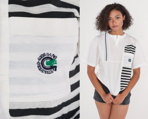 Striped Henley Shirt 90s Giordano Top White Black Retro Short Sleeve Banded Hem T-Shirt Button Up Crewneck Tee Slouchy 1990s Vintage Medium