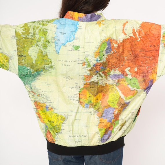 World Map Jacket 90s Geography Print Atlas Windbreake… - Gem
