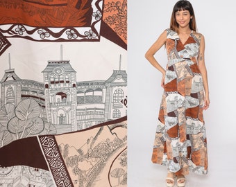 Boho Maxi Dress 70s Patchwork Architecture Print Hippie Gown 1970s High Waist V Neck Wrap Bohemian Vintage Sleeveless Orange Brown Medium 8