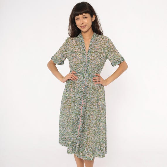 60s Floral Sheer Dress Green Pink Blue Beige Cottagecore Prairie Shirtdress Collar Short Sleeve Fit Flare Cotton Vintage Summer Medium M