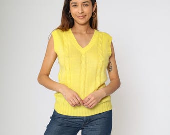 Vintage Yellow Cable Knit Sweater Vest 80s V Neck Sleeveless Sweater Pullover Retro Preppy Knitwear Plain Acrylic 1980s Extra Small xs