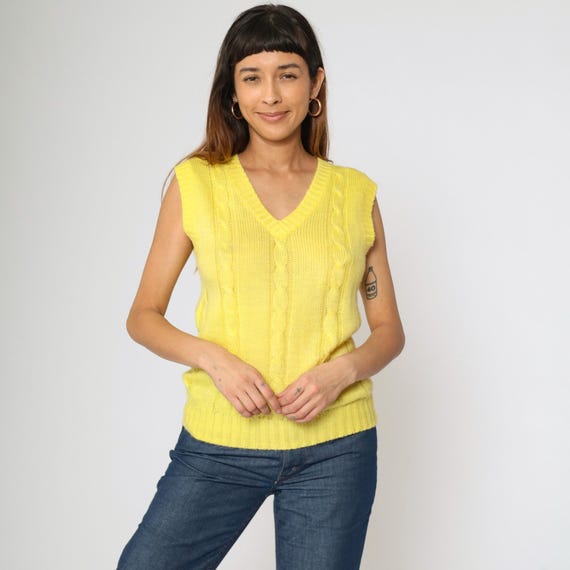 Vintage Yellow Cable Knit Sweater Vest 80s V Neck Sleeveless Sweater Pullover Retro Preppy Knitwear Plain Acrylic 1980s Extra Small xs