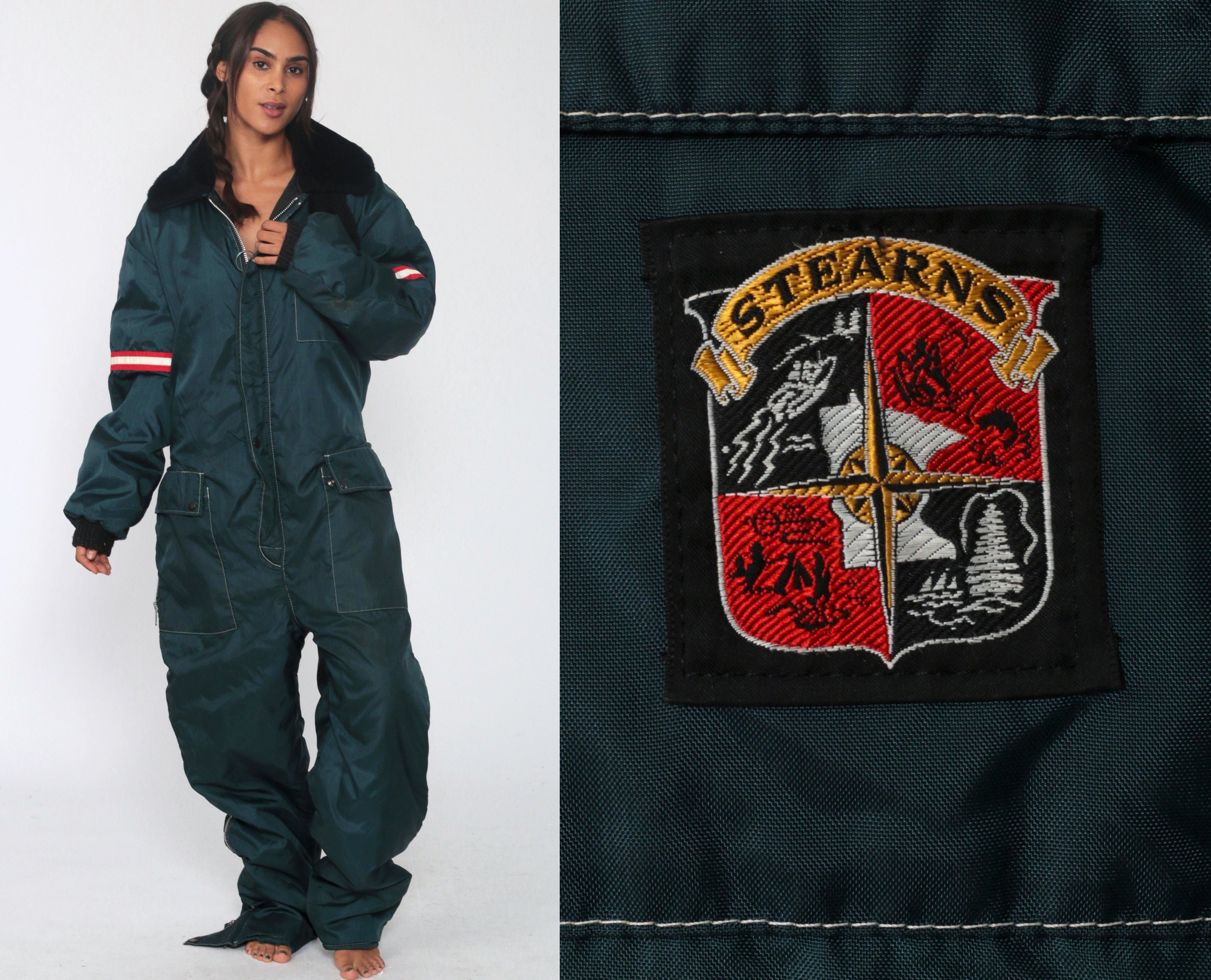 Vintage Ski Suit 70s Navy ONE PIECE Snowsuit Striped Puffy Retro Belted Snow Suit Puffer Coat 