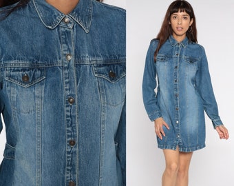 90s Denim Dress Mini Blue Jean Grunge Vintage 1990s Button Up Long Sleeve Blue Collar Sheath Shift MiniDress Summer Festival Medium