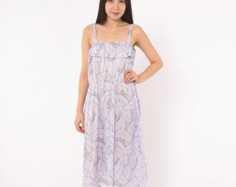 80s Lilac Abstract Print Sundress Ruffle Bodice Strappy Midi Lavender Geometric Line Pattern Sleeveless Violet Summer Purple Dress Small S