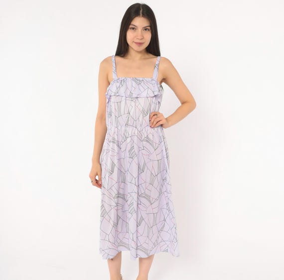 80s Lilac Abstract Print Sundress Ruffle Bodice Strappy Midi Lavender Geometric Line Pattern Sleeveless Violet Summer Purple Dress Small S