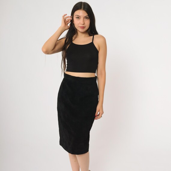 Black Suede Skirt Evan Davies 90s High Waisted Midi Skirt Professional Office Wear Minimalist Style Coordinated Elegant Medium M 8