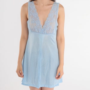 Baby Blue Lace Slip Dress 70s Lingerie Mini Dress Pastel Chemise Nightgown Full Slip Deep V Neck Empire Waist Nightie Vintage 1970s Small image 6