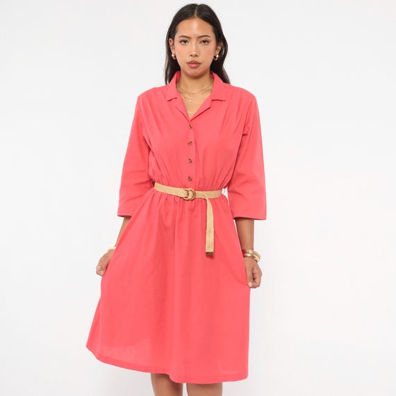 80s Coral Shirt Dress Button Front Collared V Neck Three Quarter Sleeve Gathered Waist Cotton Salmon Pink Spring Summer Vintage Medium M