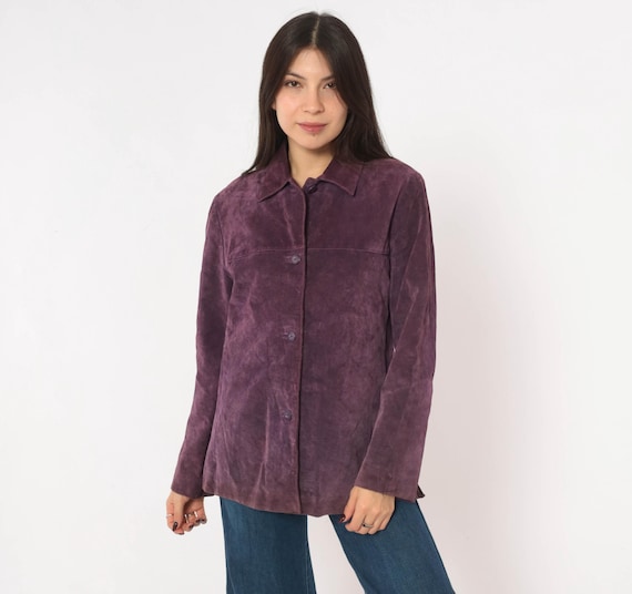 90s Purple Suede Leather Jacket Pointed Collar Plum Long Sleeve Shacket Grunge Whimsigoth Dark Academia Coat Womens Fall Vintage Medium M