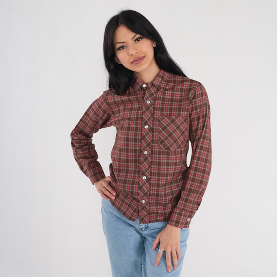 Brown Plaid Shirt 80s Button up Shirt Lumberjack Long Sleeve Retro Red Green Checkered Overshirt Tartan Print Vintage 1980s Clan Tartans XS