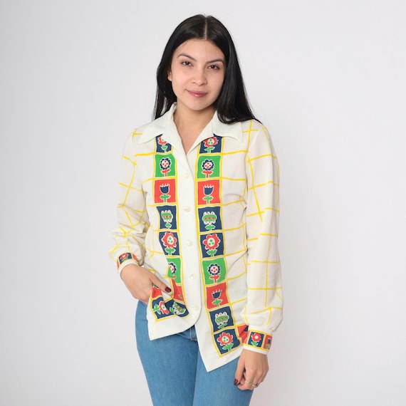 70s Floral Blouse Disco Shirt Button Up Top Dagger Collar Bohemian Long Sleeve Groovy Print White Checkered Lattice Vintage 1970s Small