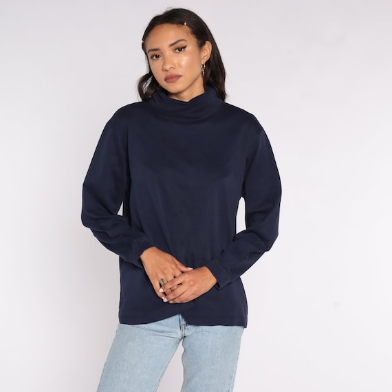 Mock Neck Shirt Navy Blue Shirt 80s Top Long Sleeve Shirt 1980s Retro Funnel Neck Top Vintage Simple Plain Large xl l