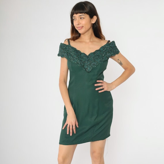 Vintage 80s Off Shoulder Party Dress Dark Green Lace Glitter Trim Evening Cocktail 1980s Short Formal Gown Spaghetti Strap Retro Medium M