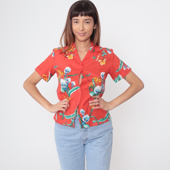 Red Hawaiian Shirt 80s Floral Calla Lily Print Vintage Short Sleeve Button Up Resort Summer Top Vacation Wear Made In Hawaii Medium M 12