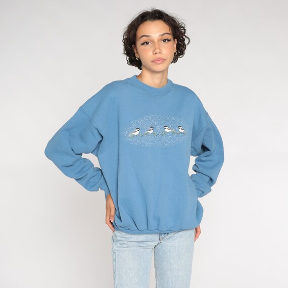 Bird Sweatshirt 90s Animal Sweater Blue Graphic Crewneck Pullover Retro Kawaii Cute Grandma Wildlife Nature Embroidered Vintage 1990s Large