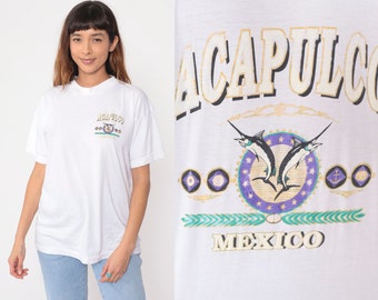 90s Acapulco Shirt Mexico Swordfish Tshirt Vintage Fishing Nautical Anchor Retro T Shirt Tee 1990s Graphic Print White Extra Large xl