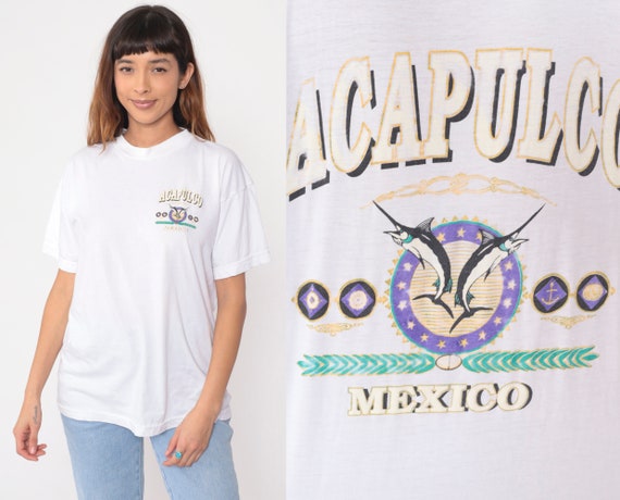 90s Acapulco Shirt Mexico Swordfish Tshirt Vintage Fishing Nautical Anchor Retro T Shirt Tee 1990s Graphic Print White Extra Large xl