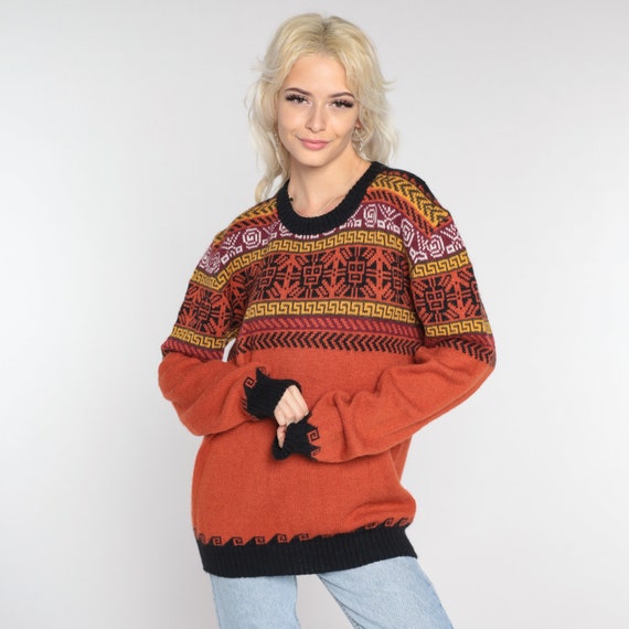 Peruvian Alpaca Sweater Burnt Orange Wool Geometr… - image 2
