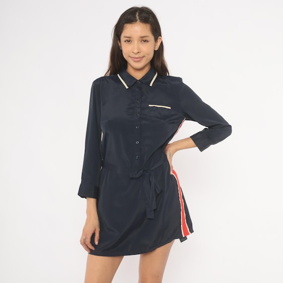 Tommy Hilfiger Navy Mini Dress 2000s Stripe Side Button Front Tie Waist Sporty Prep Collared Blue Red Cream Nautical Y2K Women Medium M