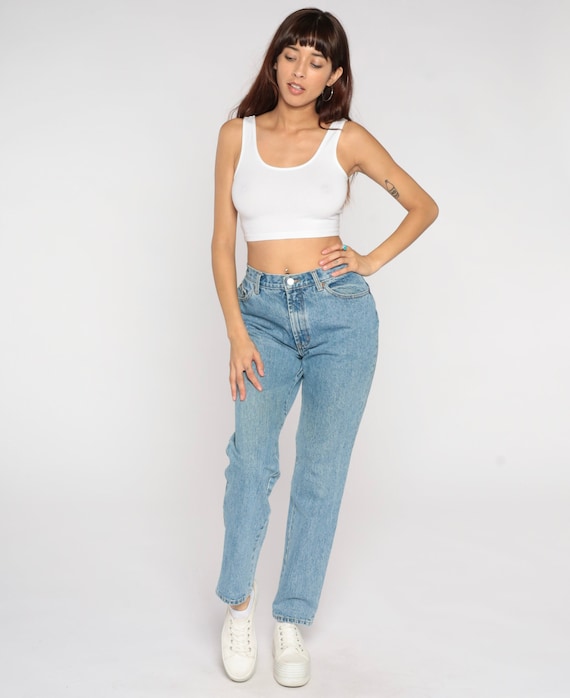 90s Mom Jeans Tapered Mid Rise Jeans Retro Stone Washed Hipster Basic Normcore Streetwear Blue Denim Pants 1990s Vintage Medium 10 Long 31