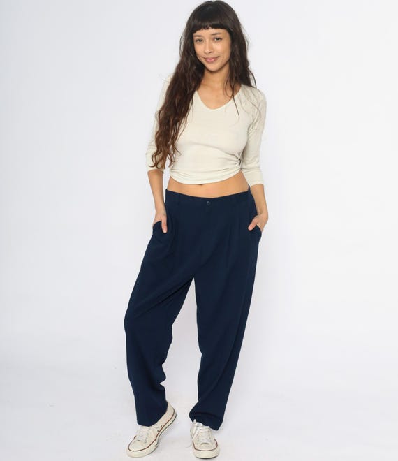 80s Dark Blue Pants Elastic Waist High Rise Drawstring Relaxed Fit Vintage Trousers Dark Casual Pleated Minimalist Work Extra Large XL