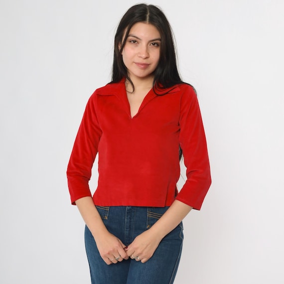 Vintage Red Velvet Shirt 70s 3/4 Sleeve Wing Collared Shirt Retro Top V Neck Seventies Blouse 1970s xxs xs